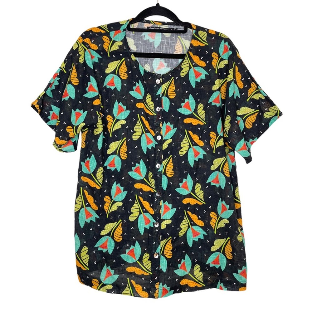 Gudrun Sjoden Black Multicolor Tulup Floral Cotton Button Front Top - Small